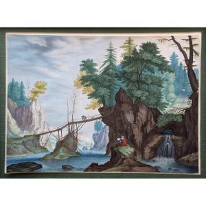 Northern School, Circa 1800. Forest Landscape With A Bridge Over A River.