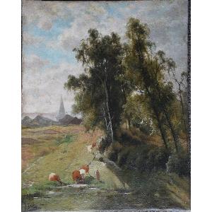 Jacques Janssens 1809–1890. A Shepherdess And Her Flock By A River, With A Village In The Distance.