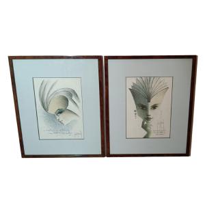 2 Drawings “portraits Of Women” Francis De Lassus Saint-génies