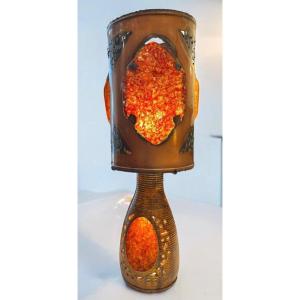 Large Accolay Table Lamp, Amber Resin Inclusions And Copper Lampshade