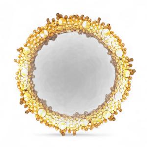 Round Backlit Mirror, Brass And Crystals. 