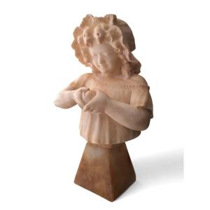 Little Girl Peeling A Fruit, Alabaster Bust