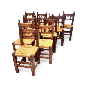 Rare Set Of 12 Chairs In Swiss Pine And Walnut With Fan-shaped Decoration, Corded Seat