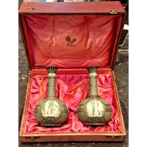 Pair Of Wesgwood Celadon Vases With Silver Rims