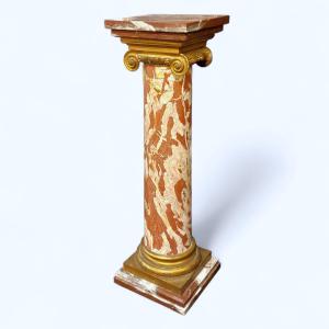 Red Veined Marble Columns, Base And Capital In Gilt Bronze, Circa 1900