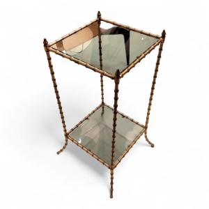Side Table With Two Smoked Glass Tops, In Faux Bamboo Gilt Bronze, Maison Baguès, 1960s