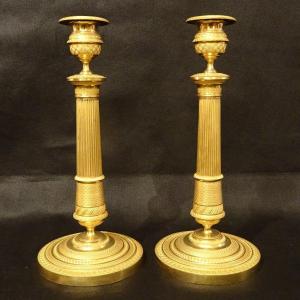 Pair Of Gilt Bronze Candlesticks From The Empire Period