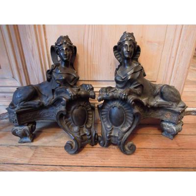 Pair Of Andirons With Sphinxes - 19th Century