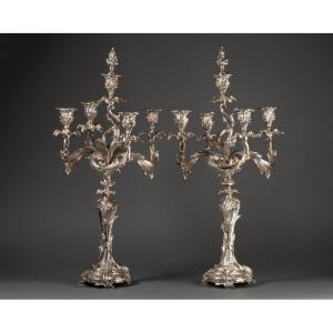 Paire De Chandeliers En Bronze Argentés - Estampillés 'anvers' - Fin Du XIXème.