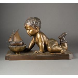 Emmanuel Villanis (1858-1914) Child Playing With A Boat - Patinated Bronze, Circa 1900