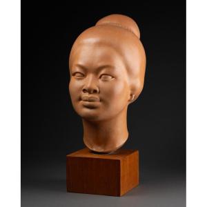 Hugues Bacquet - Bust Of A Woman From Southeast Asia In Patinated Terracotta 