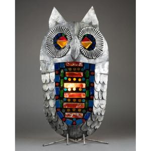 Owl: Large Metal And Tinted Glass Lamp Circa 1970