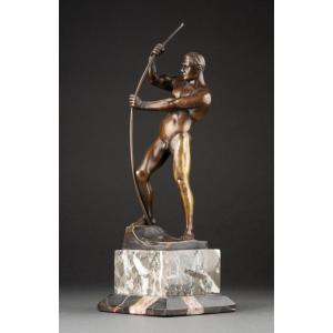 Otto H. Riese: Nude Athlete Drawing His Bow - Patinated Bronze Sculpture, Circa 1930