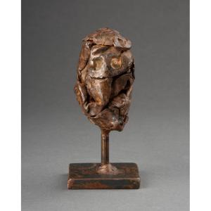 "abstract Head": Sculpture In Bronze And Patinated Metal - Bears A Signature - 20th Century