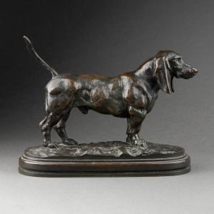 Antoine-louis Barye - Basset, Bronze 19th Century Cast Fb Gold Stamp