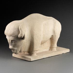 American Bison - Direct Carving On White Limestone Without Mark Or Signature