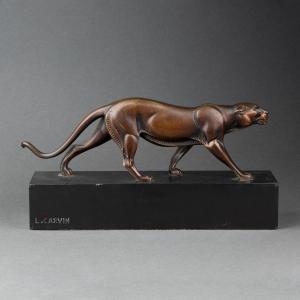 L-a. Carvin: Walking Panthera, Patinated Bronze Sculpture C.1930