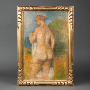 Pierre Thévenin: "standing Up Nude", Oil On Canvas In Gilded Wood Frame, Signed - C.1930/40