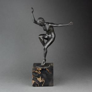 P. De Boulongne: Art Deco"nude Dancing", Patinated Bronze Sculpture C.1930