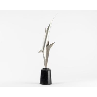 Nino Franchina (1912-1988) Abstract Sculpture Signed Dated 54. Silver & Black Lacquered Metal