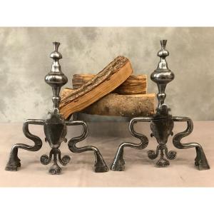 Pair Of Andirons In Wrought Iron Louis XIV Period 17th