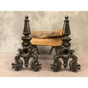 Old Cast Iron Andirons With Dolphins From The 19th Time