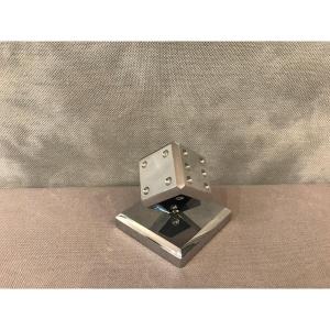 Paperweight In The Shape Of A Dice In Chromed Metal After Edgar Brandt Circa 1960