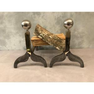 Pair Of Andirons Circa 1970 In Iron, Bronze And Chromed Metal