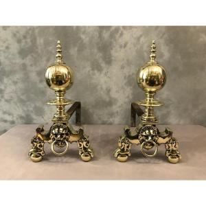 Beautiful Old Dutch Andirons In Brass From The 19th Century