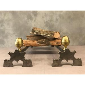 Pair Of Old Andirons In Tinplate And Brass Ball From The Early 19th Century