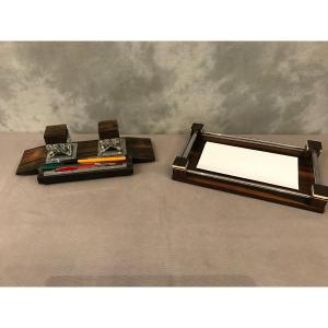 Office Kit In Rosewood Around 1940, Mail Holder And Inkwell.