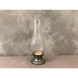 Vase In Engraved Crystal And Foot In Sterling Silver From The Late 19th Century