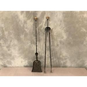 Set Of A Shovel And A Chimney Tongs In Iron From The 19th Century