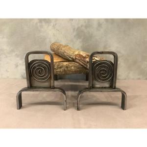 Pair Of Modernist Polished Iron Andirons