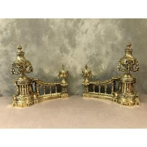 Beautiful 19th Century Bronze Andirons In Louis XVI Style