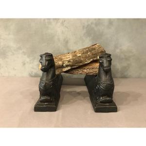 Pair Of Cast Iron Andirons Representing Horses Late 19th Century