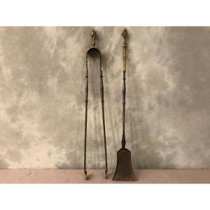 Set Of A 19th Century Iron And Bronze Shovel And Tongs