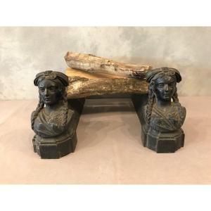Pair Of Old Cast Iron Andirons From The 19th Period “les Alsaciennes”
