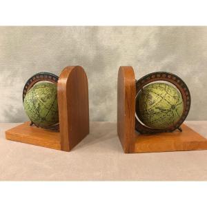 Pair Of Bookends Decorated With World Maps On Oak Support Circa 1940 