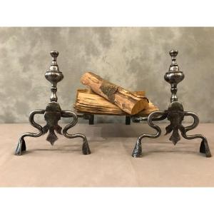 Pair Of Antique Wrought Iron Andirons From The Late 17th Century 