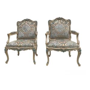 Pair Of Louis XV Style Lacquered Wood Armchairs, 20th Century