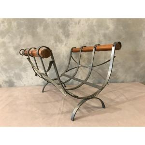 Modernist Iron And Wood Log Basket 