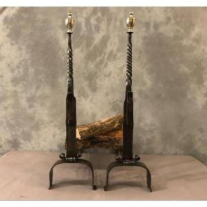Large Wrought Iron And Brass Andirons From The Late 17th Century