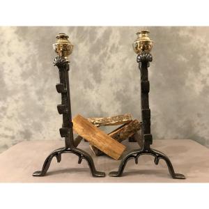 Pair Of Antique Wrought Iron And Brass Andirons From The 17th Century