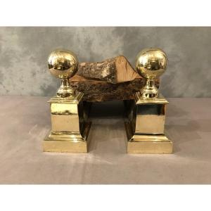 Pair Of Antique Brass And Cast Iron Andirons From The 19th Century