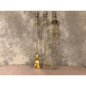 Large Antique Fireplace Accessory Pieces In Brass And Bronze From The 19th Century