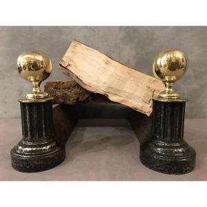 Pair Of Antique Cast Iron And Brass Andirons From The 19th Century 