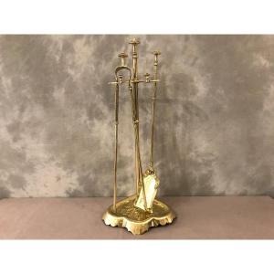 Antique Complete Fireplace Servant In Brass From The 19th Century