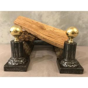Pair Of Antique Cast Iron And Brass Andirons From The 19th Century