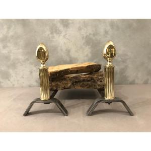 Pair Of Iron And Polished Brass Andirons Circa 1970 